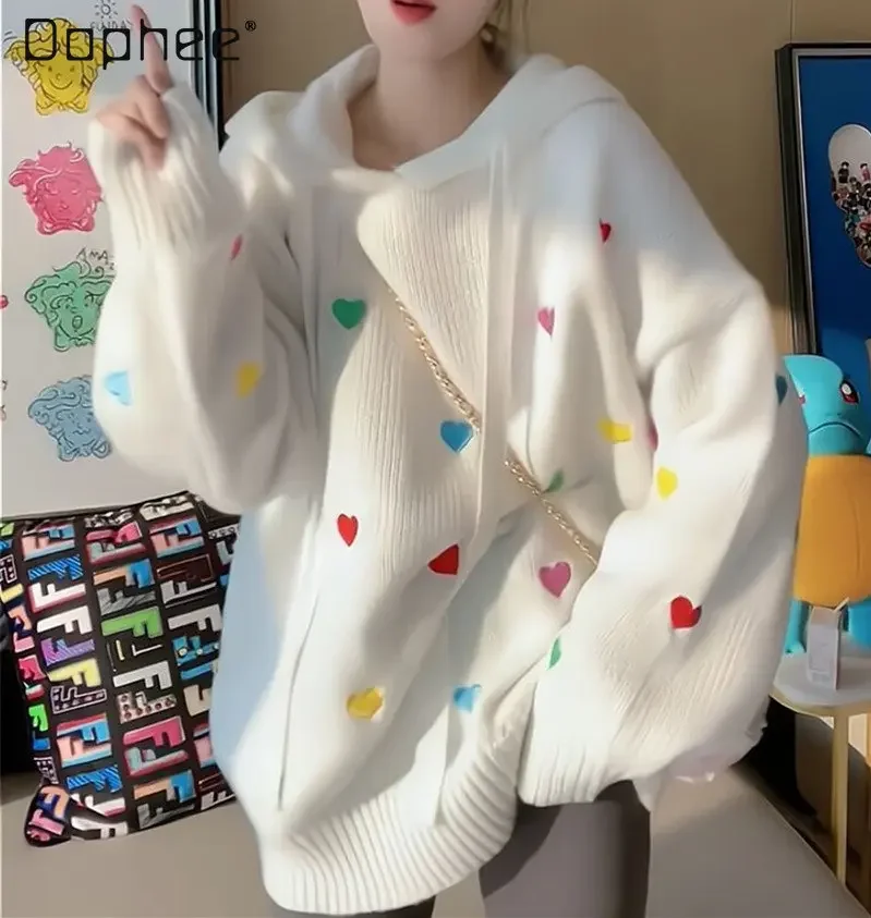 

Sweet Girl Love Hooded Sweater Coat Women's Autumn and Winter Loose All-Match Fashion Mid-Length Long Sleeve Knitted Fashion