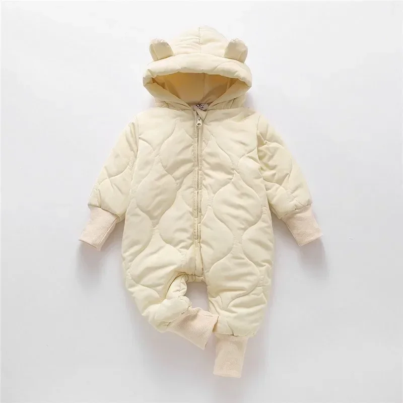 

0-2y Baby Thick Solid Romper Girls Cute Bear Ear Hooded Zipper Cotton Clothes Toddler Boys Keep Warm Simple Jumpsuit