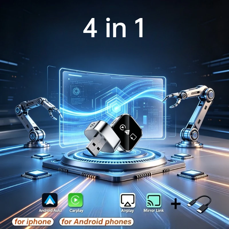 Adaptador Inalámbrico 4 en 1 para Carplay, Conexión Android Auto, Airplay, Mirror Link, Plug and Play, Bluetooth para Apple y Android 1