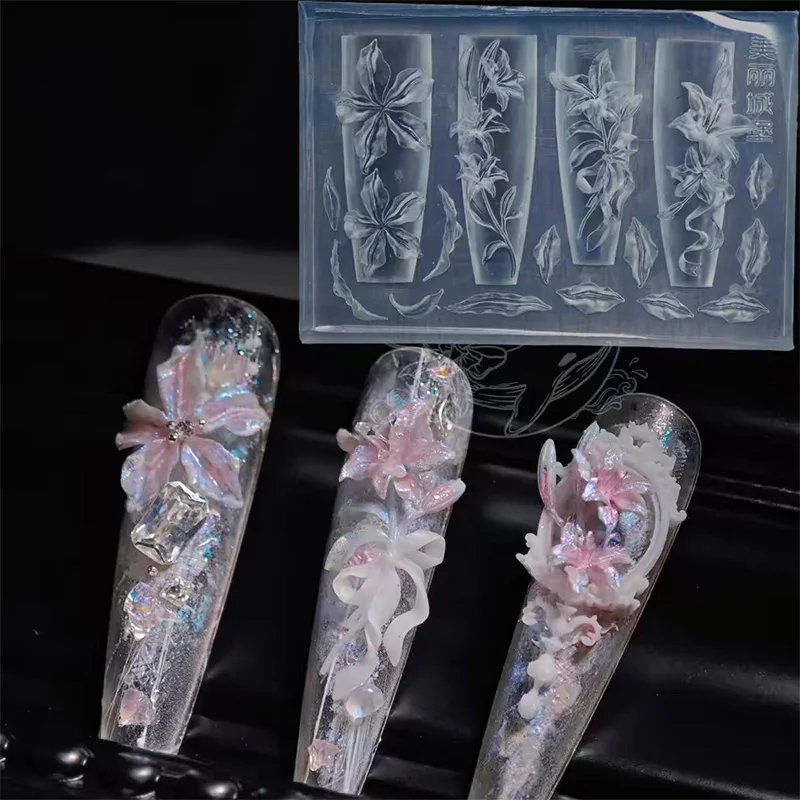 카니우 네일 아트 3D 실리콘 몰드 우아한 리본 백합 꽃잎 조각 템플릿 혼합형 스탬핑 플레이트 DIY 네일 도구