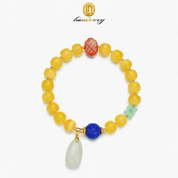 여성용 천연 치킨 오일 옐로우, 올드 스타일, 허니 왁스 풀, 블루 골드 스톤, 수송 비즈, 화이트 옥 펜던트 팔찌