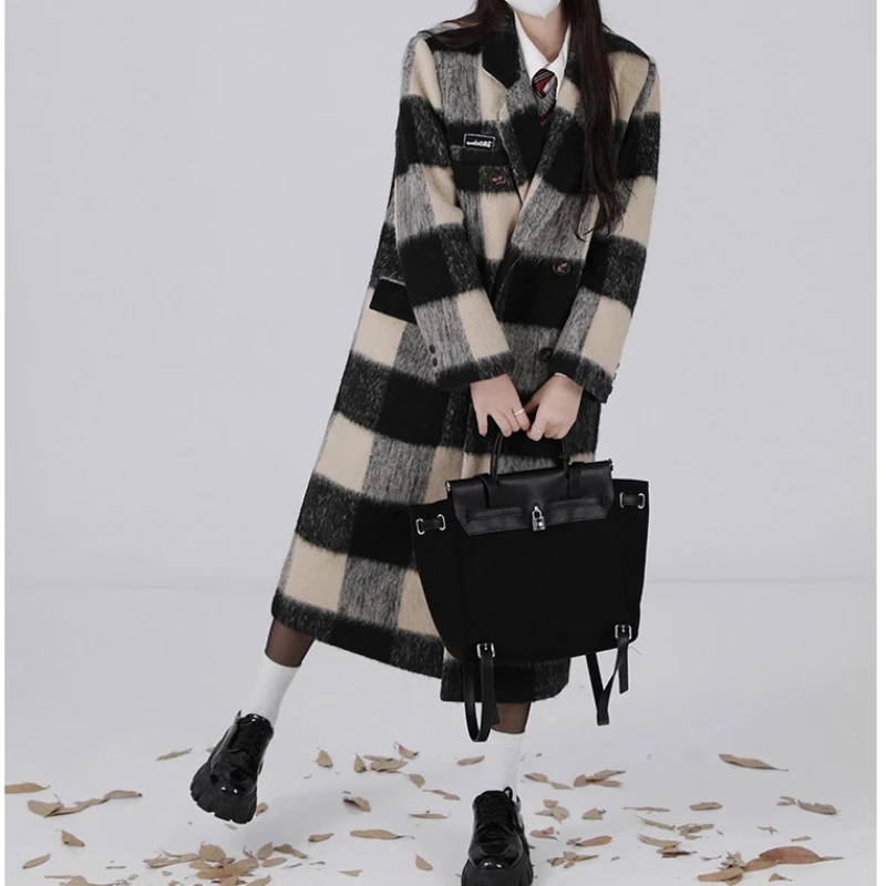 

Women Fashion Plaid Tweed Jacket Autumn Winter Vintage College Style Long Sleeve Medium-length Coat Female High Street Outerwear
