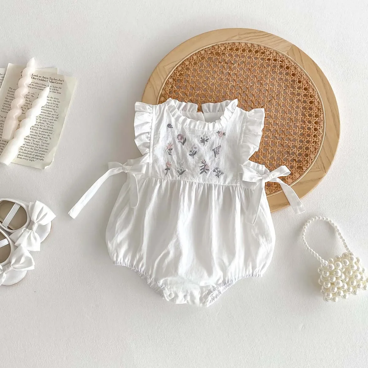 Summer Baby Romper Embroidered Butterfly Knot Side Waist Flying Sleeve Footed Bodysuit Girls