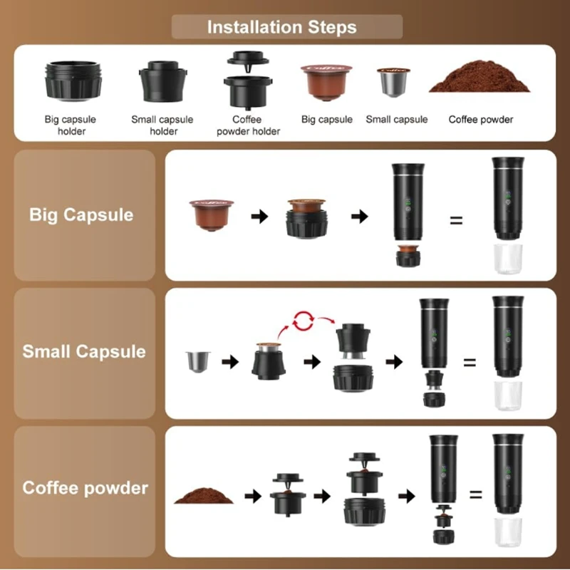 Portable Electric Espresso Machine Travel Coffee Maker Compatible with Ground Coffee and Nespresso Capsules with LCD Screen