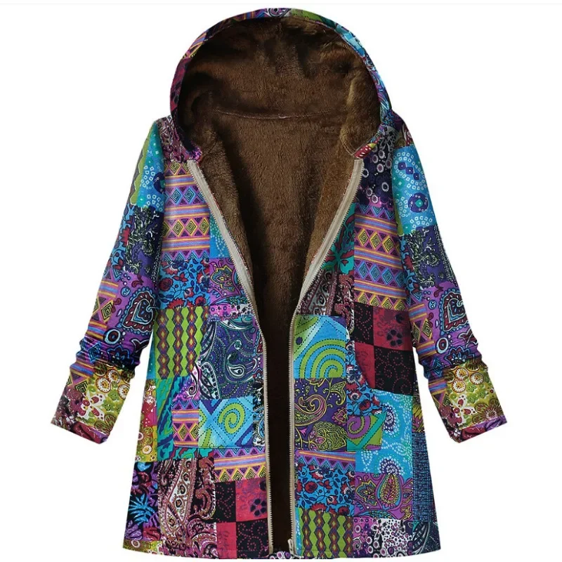 Cappotto cappotto con cappuccio con cerniera addensata con tasca con stampa calda cappotto autunno e inverno nuovo cappotto in cotone e canapa Vintage da donna image