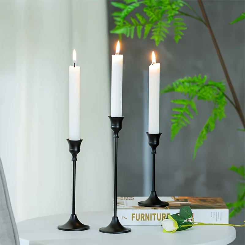 Set of 3 Romantic Metal Candle Holders-Matte Black Decorative Candle Bases for Christmas, Halloween, Easter