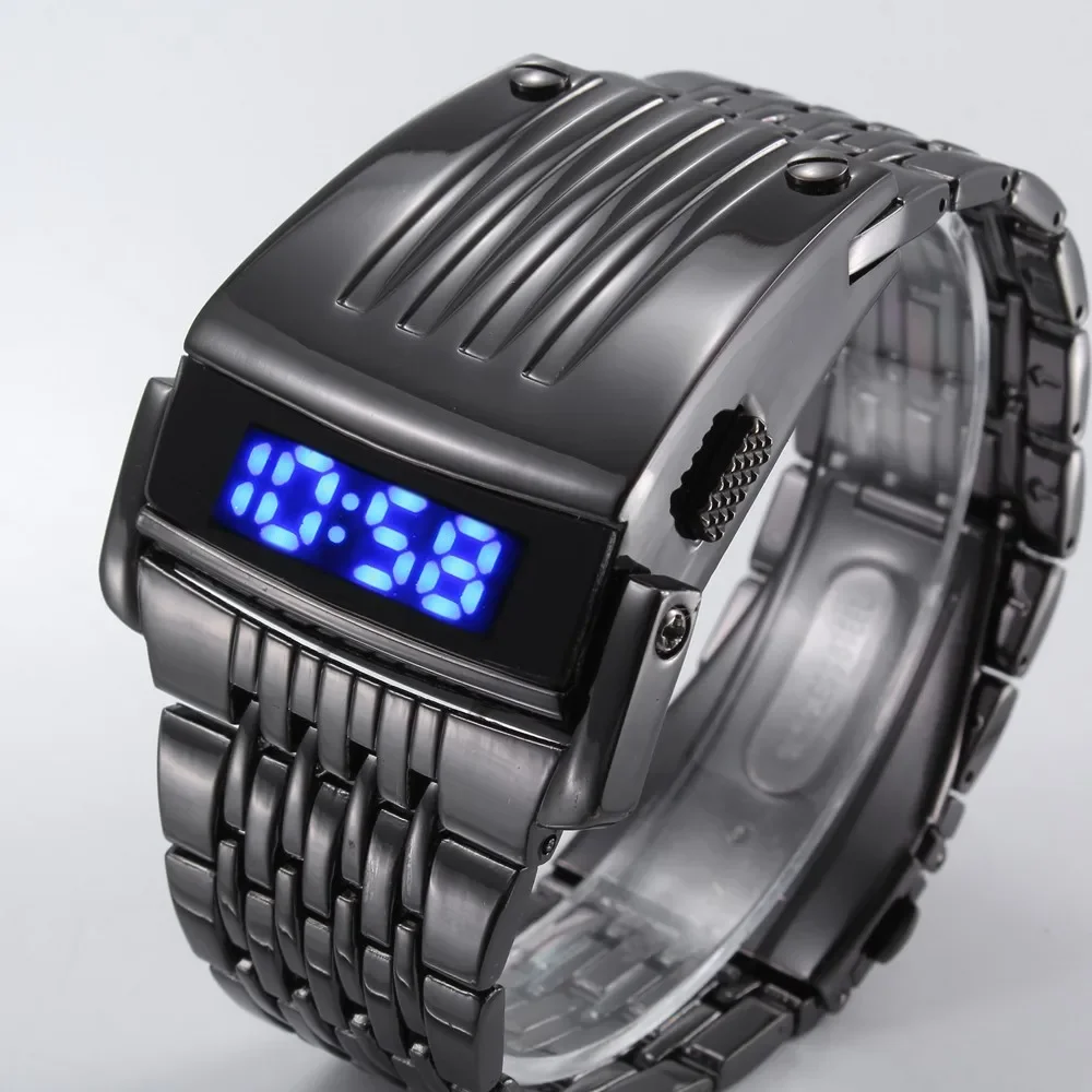 Fashion Blue LED Display Wide Stainless Steel Band Men Digital