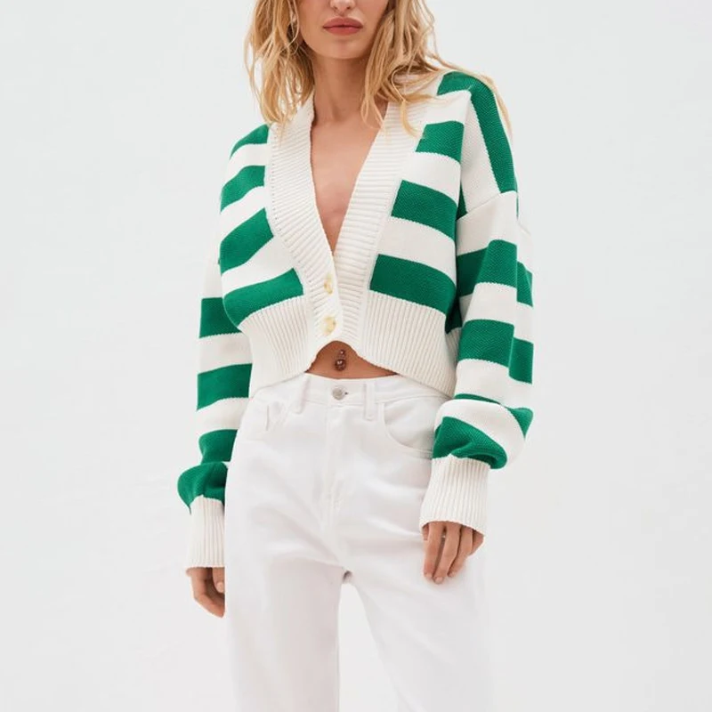 

Elegant V-neck Button Knitted Sweater Coat Casual Long Sleeve Striped Sweater Winter Clothes Fashion Sexy Cardigan Jumper 28215
