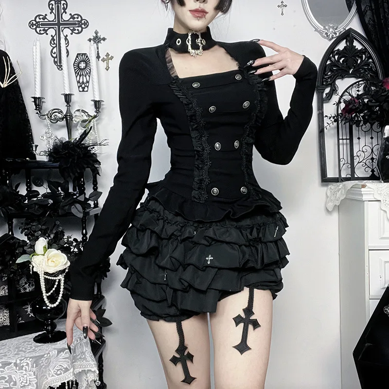 Subculture Lolita Mesh Trim Buckle Tops Mall Goth Punk Slim Long Sleeve Top Y2K 90s Pullover Alt T-shirts Halloween 3