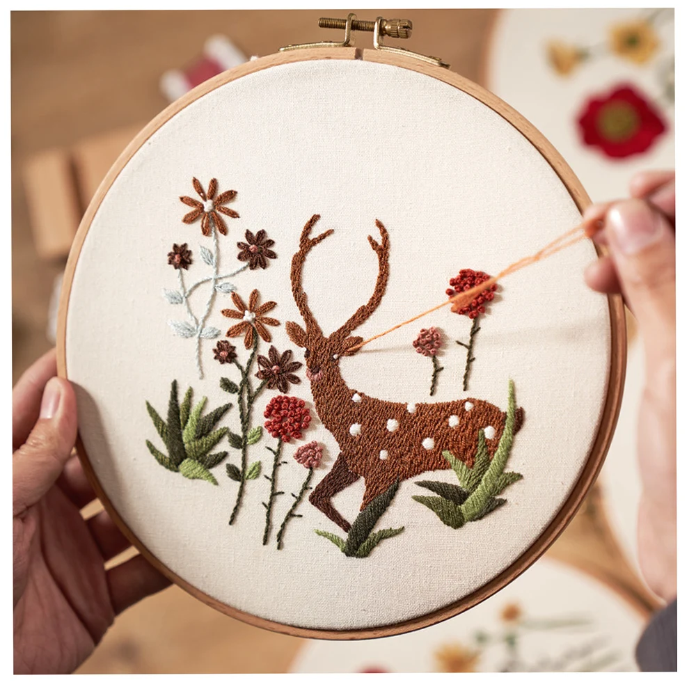 DIY Embroidery Kit With European Flowers Pattern and Instructions Cross Stitch Set Stamped Starter Embroidery Kits With Hoops