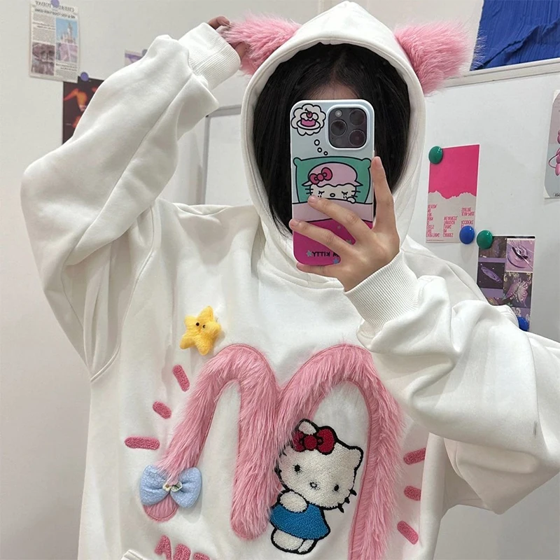 

Hello Kitty Sanrio Kawaii Anime Girly Heart Autumn Winter Embroidered Hoodie Cute Cartoon Fashion Loose Couple Coat Toys Kids