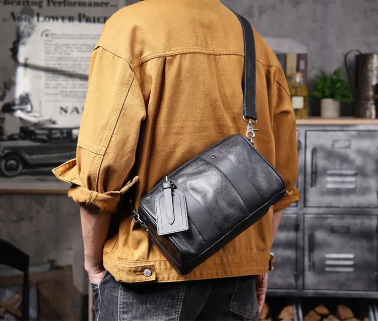 PNDME lässige, hochwertige erste Schicht Rindsleder Herren schwarze Umhängetasche Designer handgefertigte Reise-Umhängetasche aus echtem Leder – Detail 1