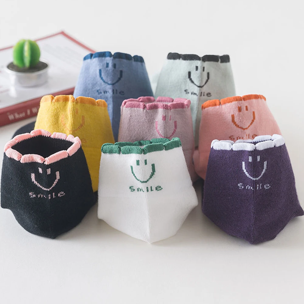 5Pairs Smile Face Women Short Socks Casual Funny Kawaii Cotton Sock Personality Lovers Solid Color Breathable Comfort Low Socks
