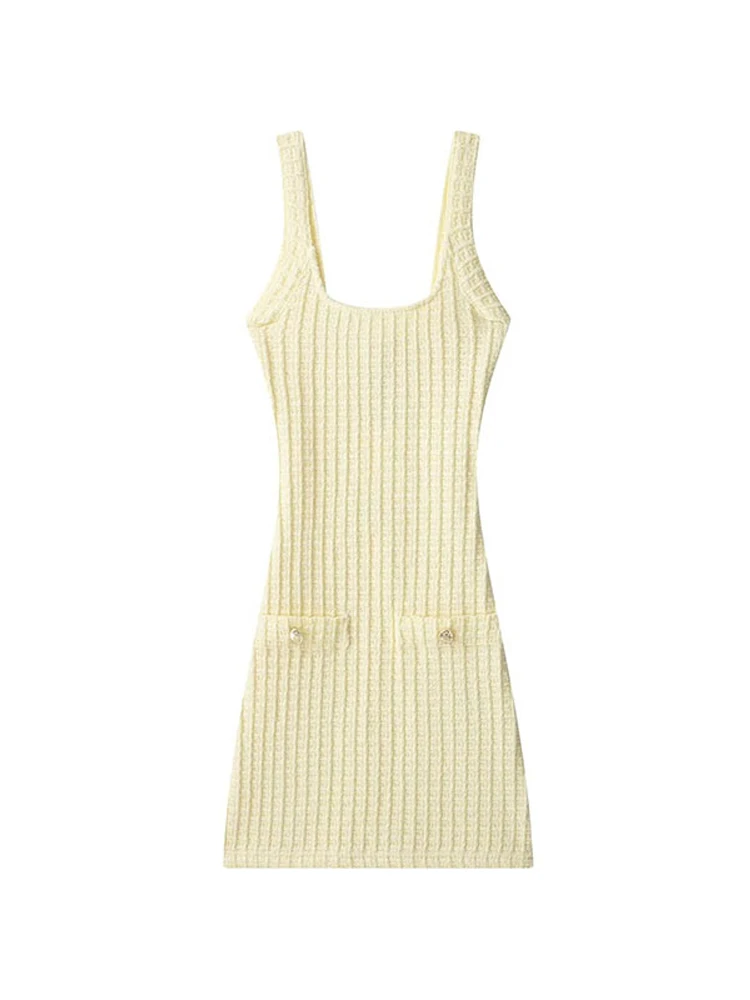 Sexy Knitted Tweed Short Dress Women Slim Square Collar Backless Sleeveless Beach Dresses 2025 Summer Lady Yellow Holiday Robe 6