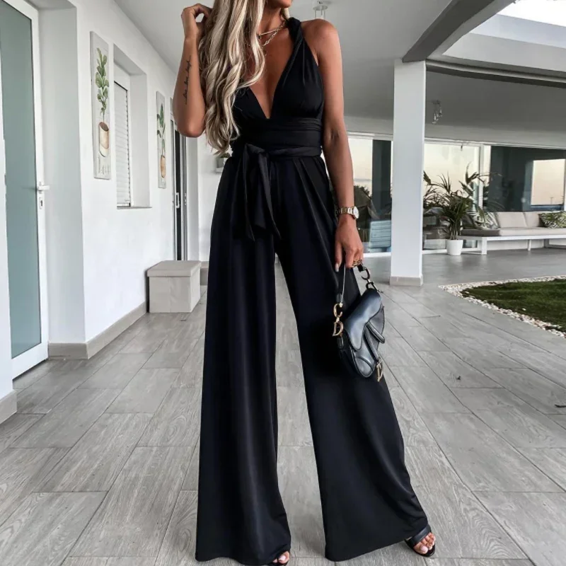 2024 New Women Hollow Out Strappy Jumpsuit Elegant V-Neck Sexy Bodysuit Romper Casual Fashion Solid Color Summer Jumpsuit OFE01 sexy sequin jumpsuits elegant one piece playsuits bodycon jumpsuit 2024 winter fall women black club party jumpsuits bodysuits