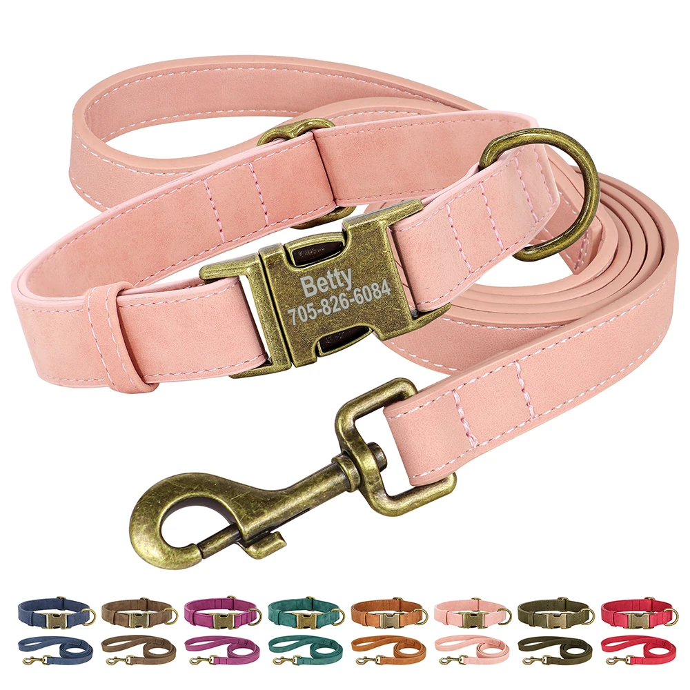 Personalized Dog Collar Leash Set Dogs Collar Walking Lead Rope Leather Pet Collars for Small Medium Large Dogs Pug