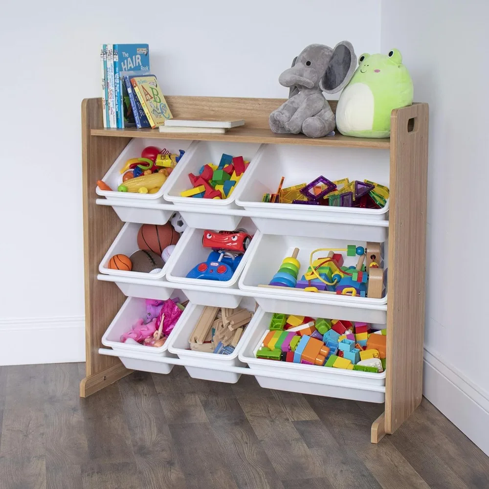 Toy Storage Organizer with Top Shelf and 9 Removable Bins, Natural/White Bookshelf 2