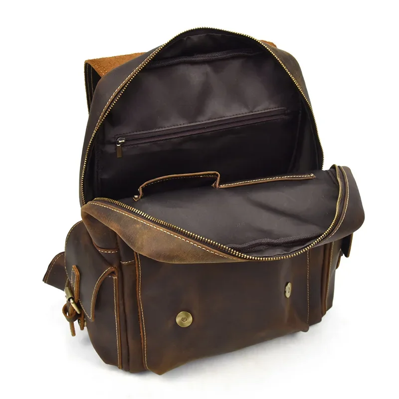 Vintage Crazy Horse Leather Backpack Men's Travel Bag Student School Bag Shoulder Bag