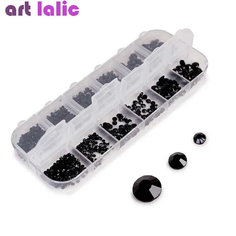 Schwarze Strass-Kristalle in verschiedenen Größen, Glas-Edelstein-Box mit flachem Boden für Maniküre, 3D-Dekoration, DIY-Handwerk