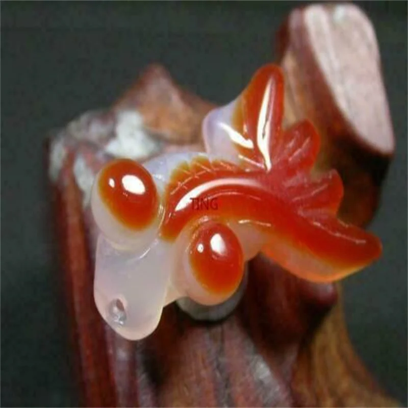 Chinese Hand Carved Ice Red Agate Pendant, Golden Fish, Golden Jade Full House