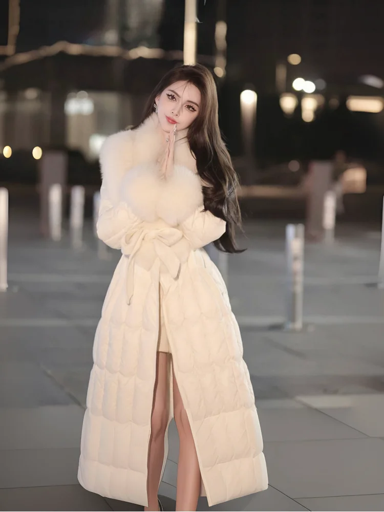 High-end Fashion Fox Fur Collar Down Jacket Women's Long Thickening Warm Elegant White Duck Down Coat 2024 Winter Clothes New