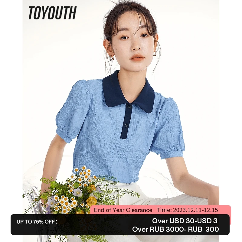 

Toyouth Women Blouse 2023 Summer Puff Sleeves Polo Neck with Buttons Shirts Contrast Color Textured Fabric Elegant Chic Tops