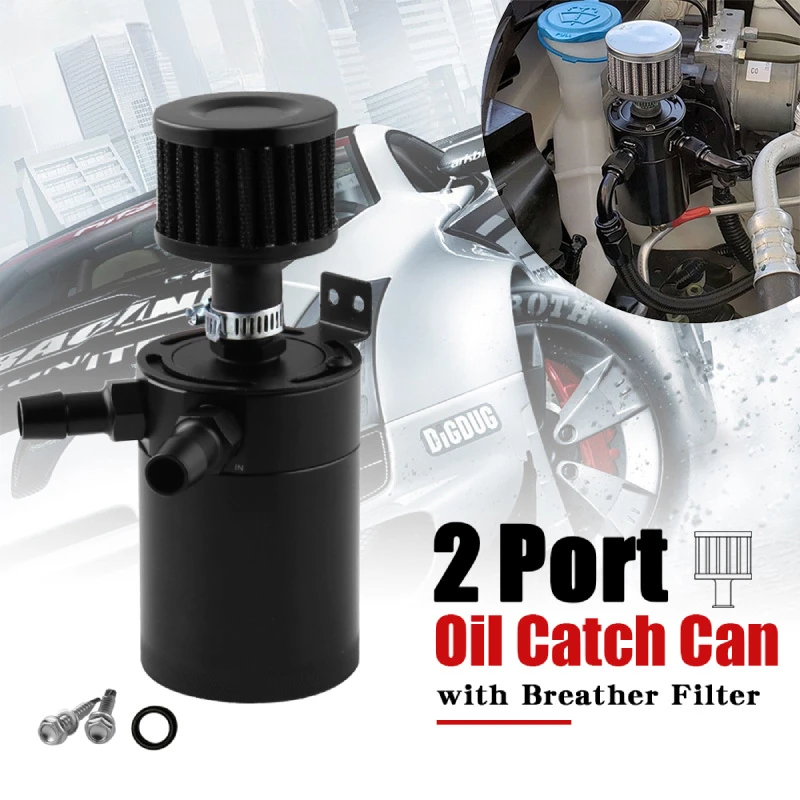 Automotive Universal 2 Port Oil Breather Circulation Jug Separator Oil Catch Can with Drain Valve Filter Mini Separator Kit