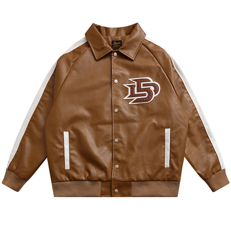 2022SS Men PU Leather Patchwork Baseball Jacket Oversize Vintage Retro Jackets Women Harajuku Letter Embroidery Coats Unisex Top |