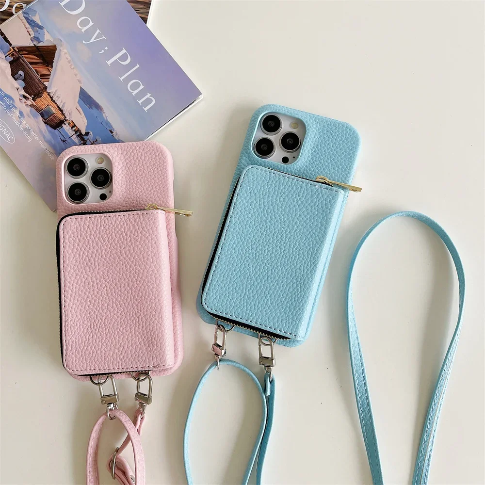 Leather Zipper Wallet Crossbody Phone Case with Card Slot and Shoulder Lanyard
