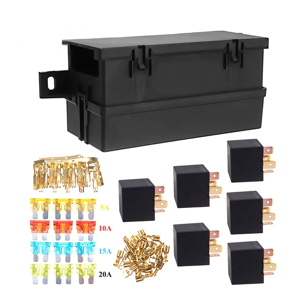 6Pcs 4Pin Plastic Cover 11 Ways Blade Fuse Block 12V 40A Fuse Box Holder For Car Marine Truck Trailer Boat with Spade Terminals