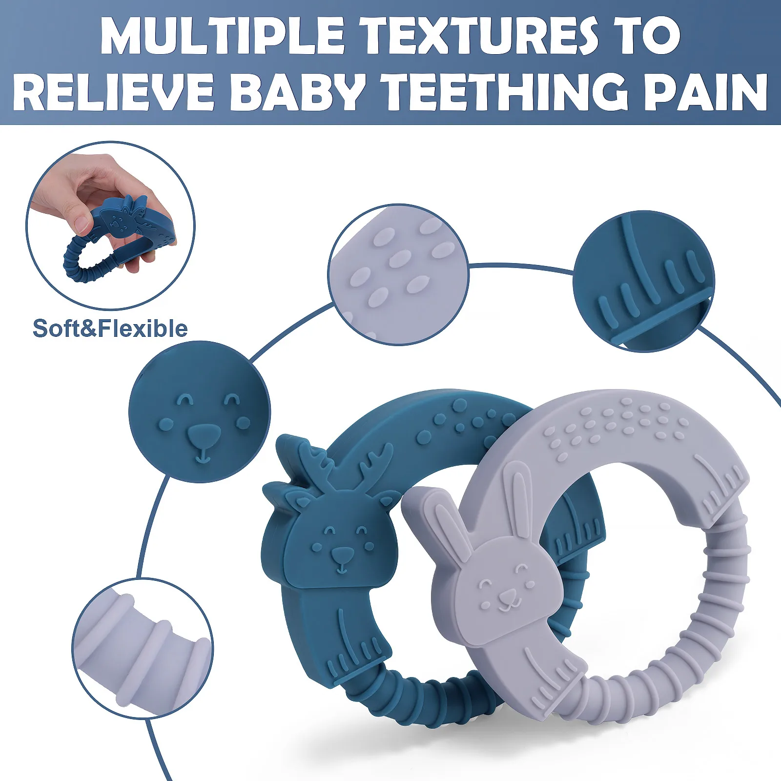 2PC Silicone Teether Baby Animal Shape Ring Kid Gift Food Grade