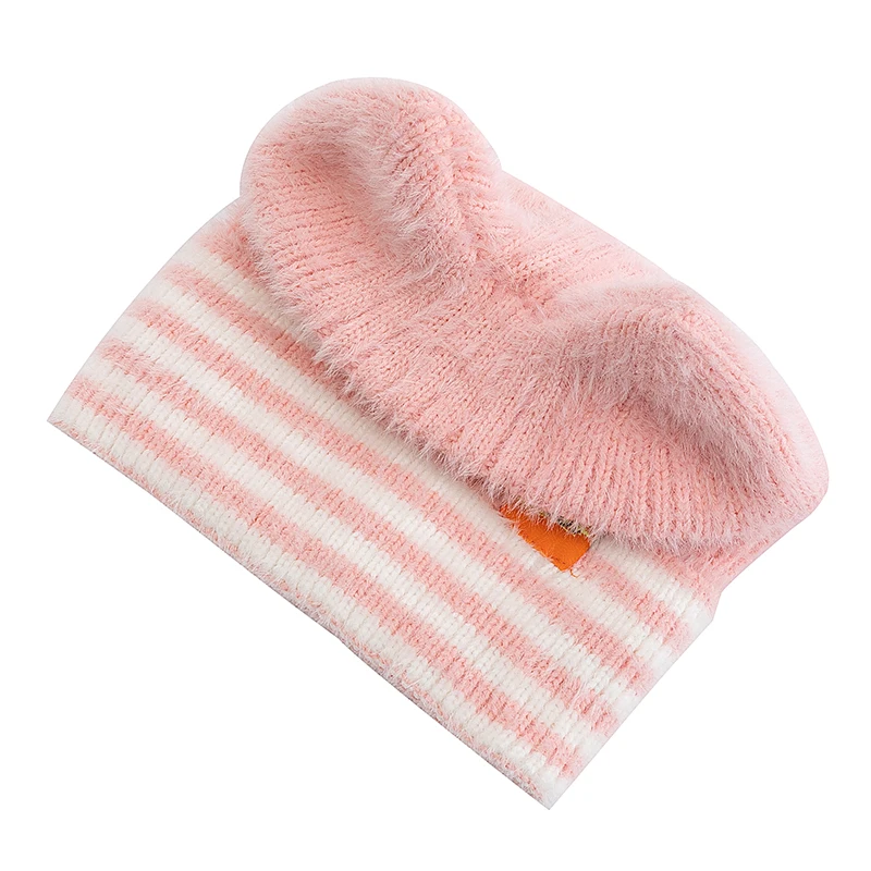 New Cat Ear Y2K Beanie Hat Sweet Label Winter Hats For Women Candy Colors Stripes Soft Warm Cap