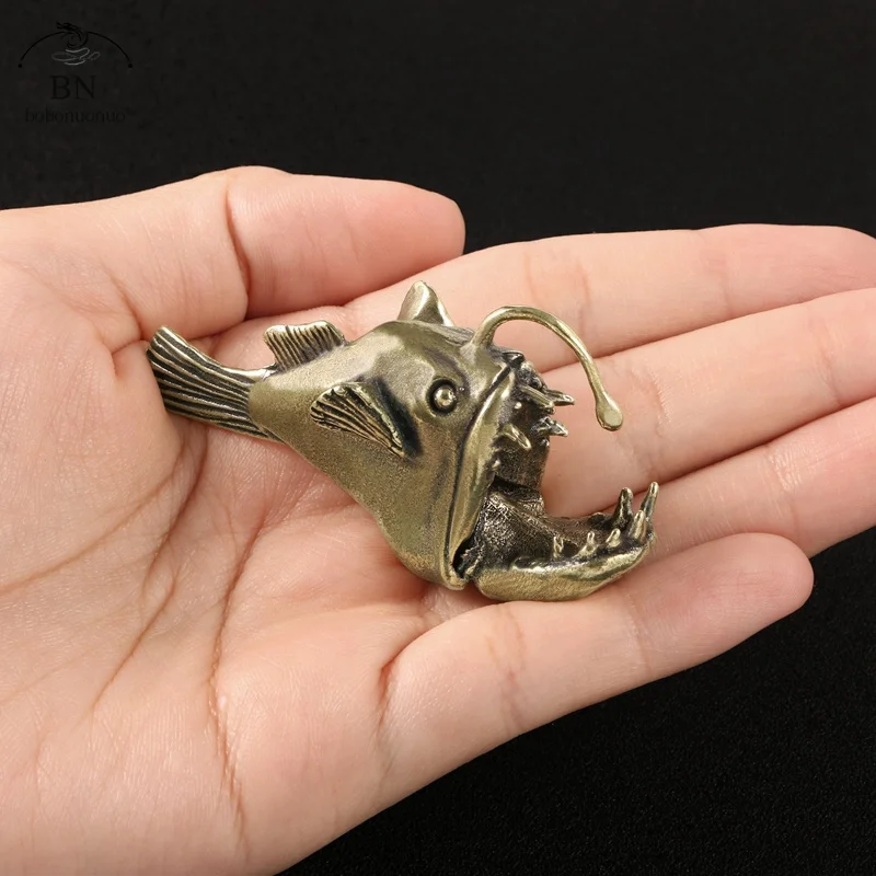 Retro Brass Ocean anglerfish Watching Fishes Sea Animals Model Fishbowl Decoration Action Figures Education Miniatures Kids Toys 1