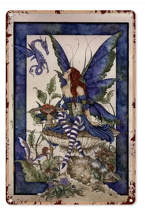 

Mushroom Poster Metal Sign Garden Blue Fairy Dragon Girl Mushroom Tin Sign Decoration Vintage Chic Metal Poster Wall Decor