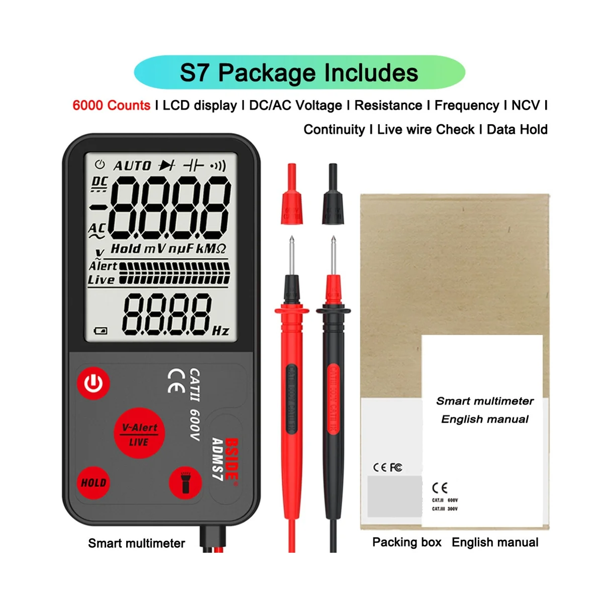 

BSIDE ADMS7 Voltage Tester 3.5Inch LCD Digital Smart Multimeter 3-Line Display TRMS 6000 Counts DMM with Analog Bargraph