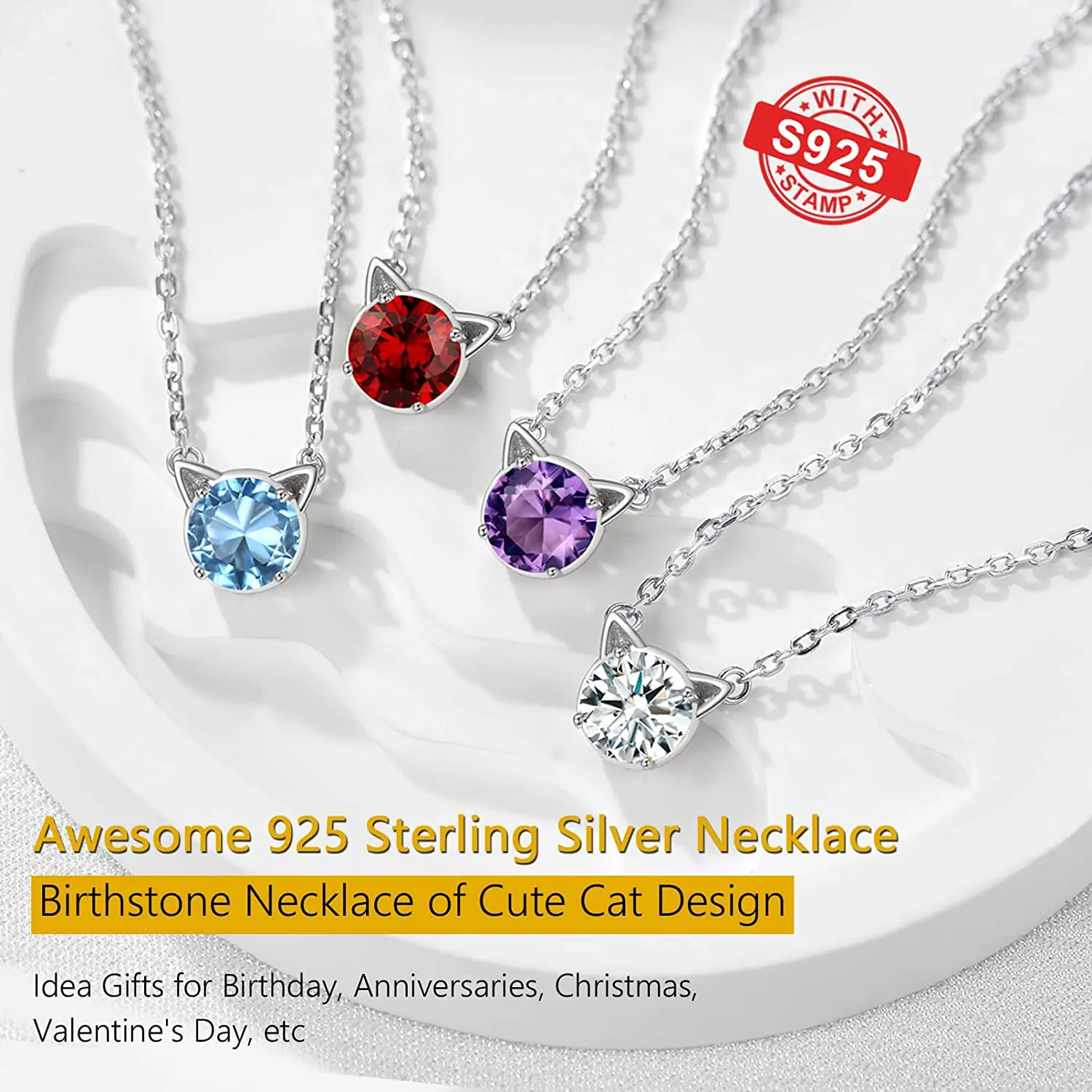 PROSILVER Women Girl Silver 12 Months Birthstone Cat Ear Cute Pendant 925 Sterling Necklace Mother's Valentine Day Gifts P15191B