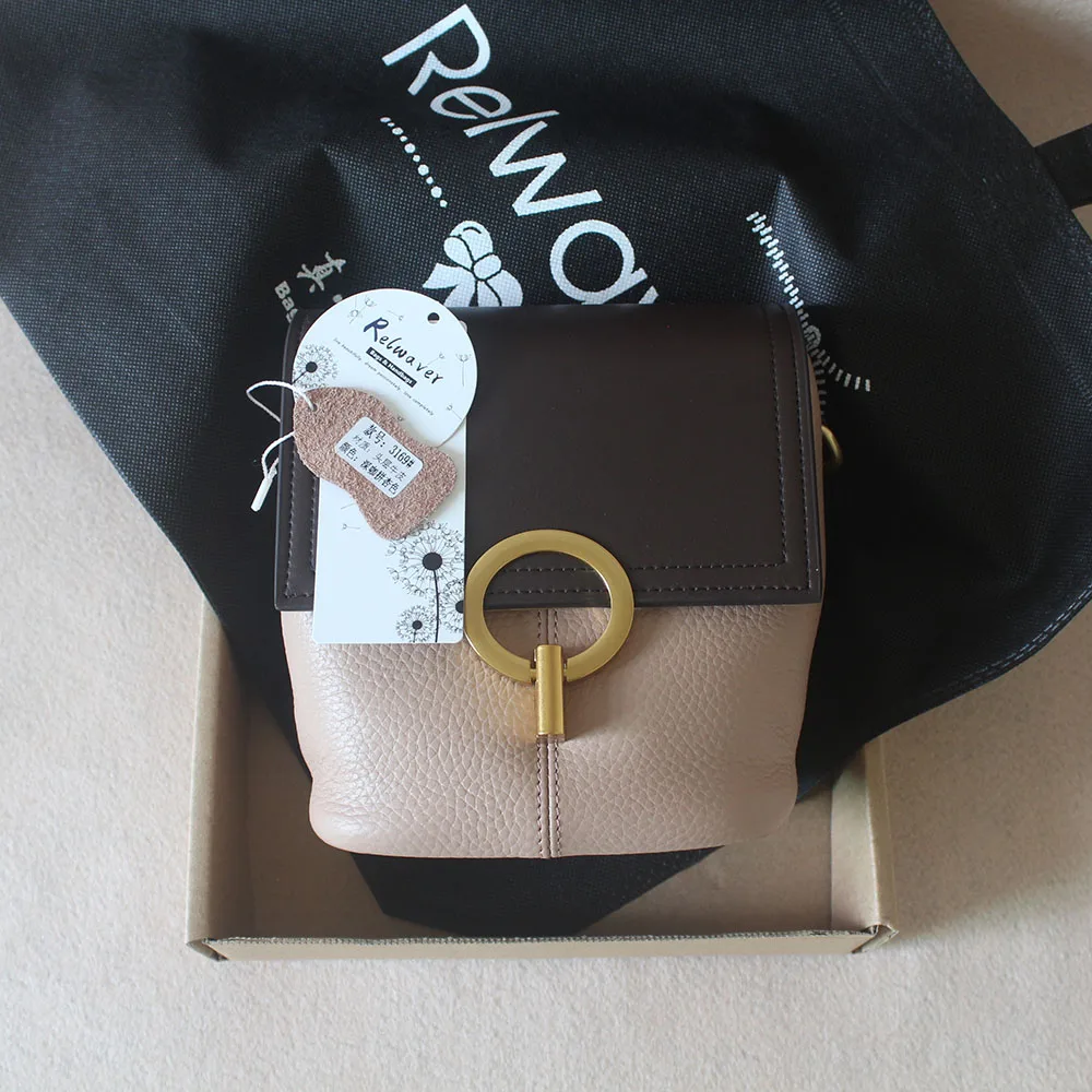 

Relwaver dark coffee contrast apricot bucket genuine leather bag for women 2023 autumn winter shoulder bag two strap crossbody