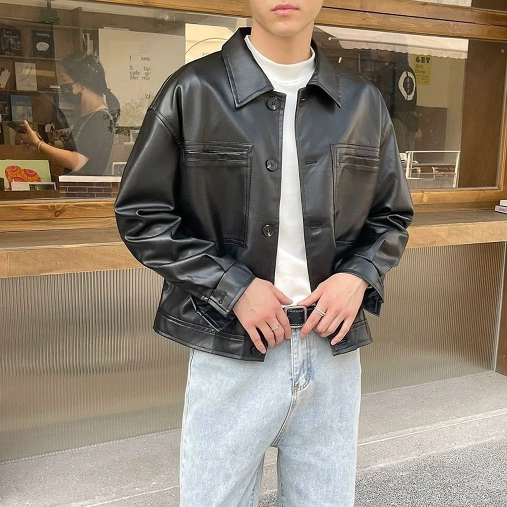 Giacca in pelle da uomo autunno moda Y2k tendenza tinta unita risvolto casual corta giacca da motociclista in pelle da strada americana da uomo 1