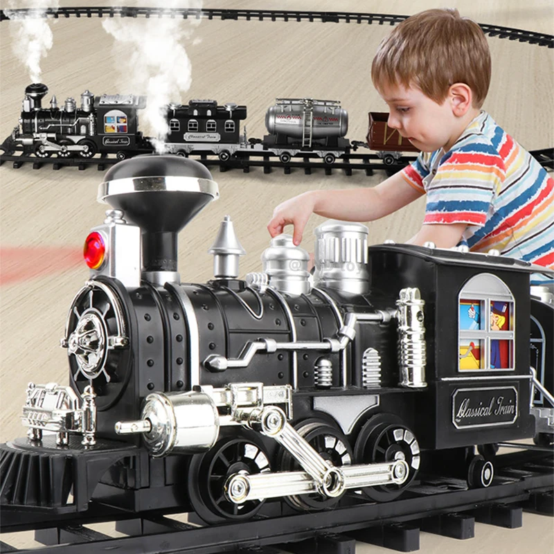 

Classical Electric Train Toy Railway Model with Track Steam Locomotive Sound Light Playset with Smoke Christmas Gift for Boys