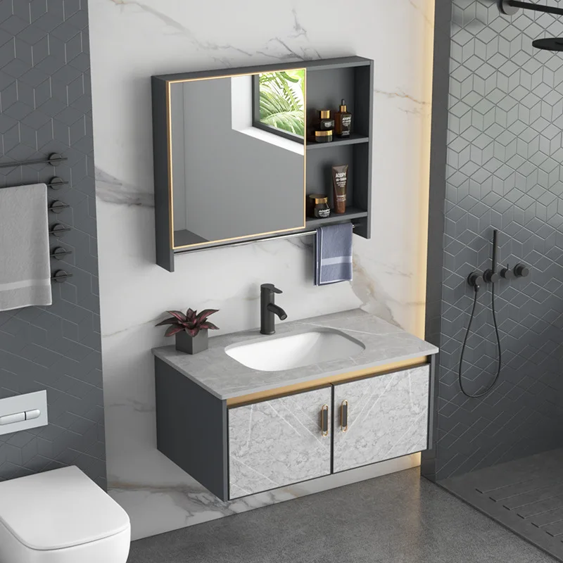Dark gray stone pattern aluminum alloy bathroom cabinet combination bathroom ceramic integrated basin wall-mounted washbasin was