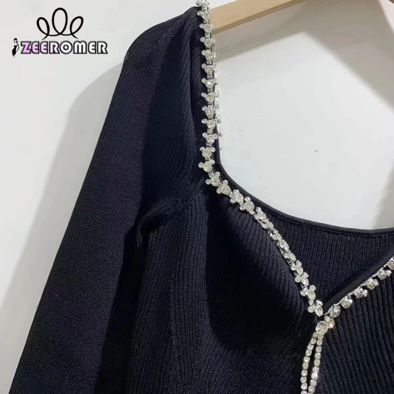 

2023 Autumn New High Quality Luxury Black Diamonds Hollow Knitted Long Sleeve Slim Dress Women's Elegant V-neck Maxi Party Dress