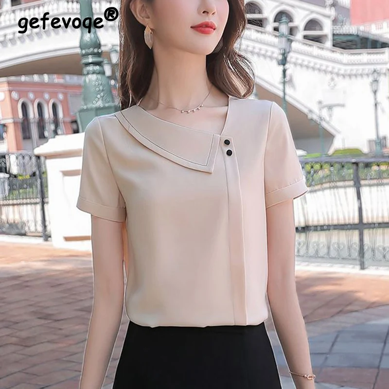 Summer Casual Fashion Half Open Collar Solid Simple Blouse Lady Short Sleeve Korean Style All-match Pullover Shirt Women Tops luckymarche le match active open top bucket hat qxrax23411whx