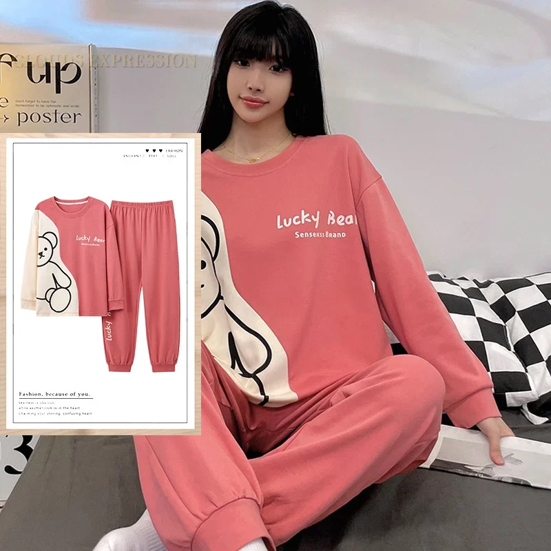 Spring Autumn Knttted Women's Pajamas Sets Teen Funny Pjs Cartoon Dinosaur Sleepwear Homewear Girls Pijamas Mujer Pyjama Fashion