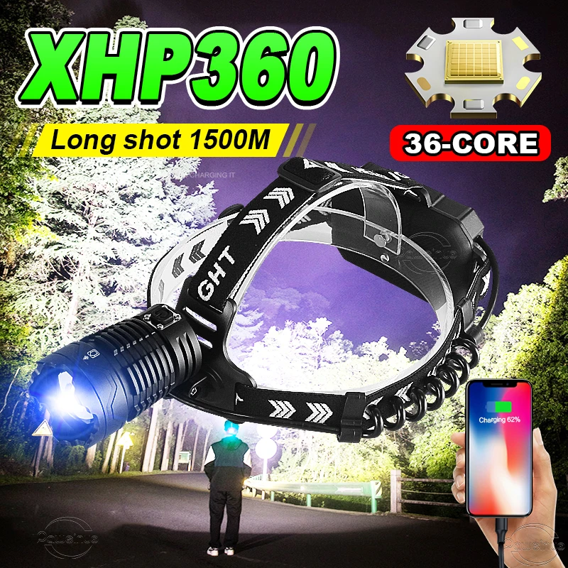 

High Lumens XHP360 High Power Fishing Headlamp Headlight Rechargeable Led Head Light Flashlights Can Be Used As a Power Bank