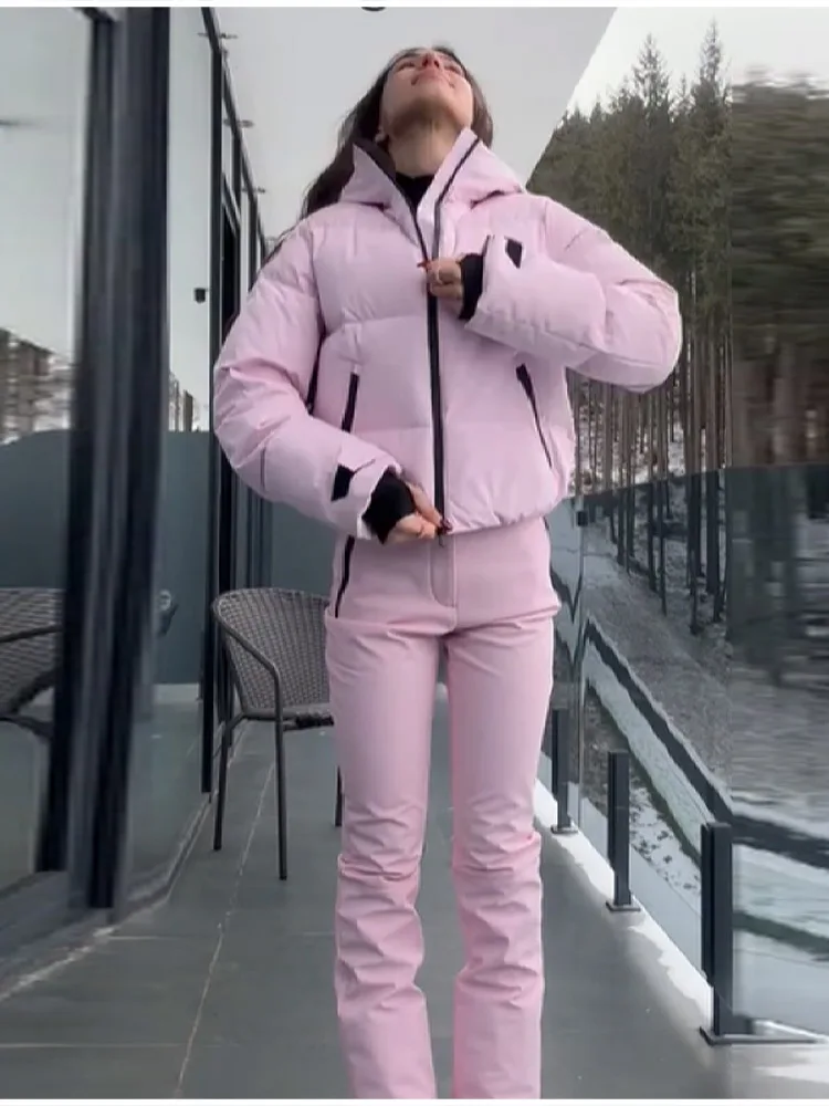 Winter Thicken Skiwear Sets Chic High Neck Hooded Zipper Coat Ski Pant Waterproof Tracksuit 2026 Lady Warm Outdoor Sportswear