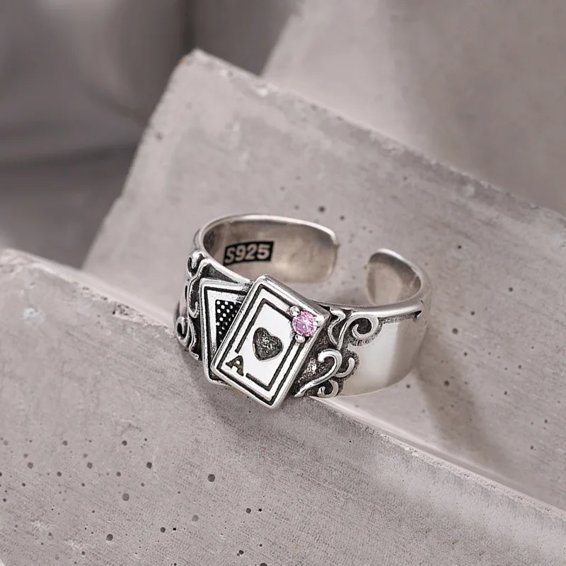 New Arrival Vintage Poker Design Thai Silver Female Party Ring