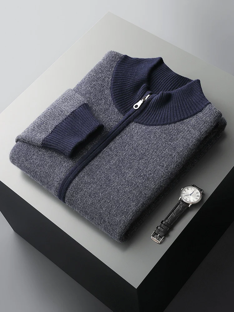 Autumn Winter Thick Men Sweater 100% Cashmere Long Sleeve Mock-neck Zipper Cardigan Soft Warm Large Size Knitwear Men Clothing 6