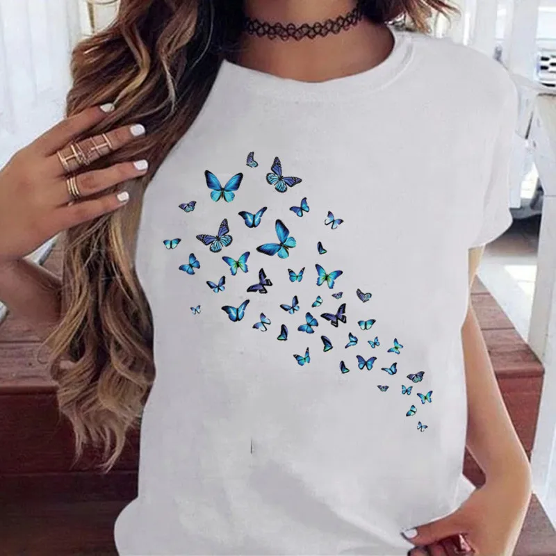

Butterfly Art Print T Shirt Women White and Black Shirts Fashion Round Neck Short Sleeve T-Shirt Summer Tees Casual Top