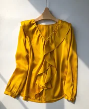 

Office Lady RUFFLES Poplin Blouse New 2022 Natural Silk Full Sleeve Thin Shirt Women Blouse Print High Quality Tops Mujer