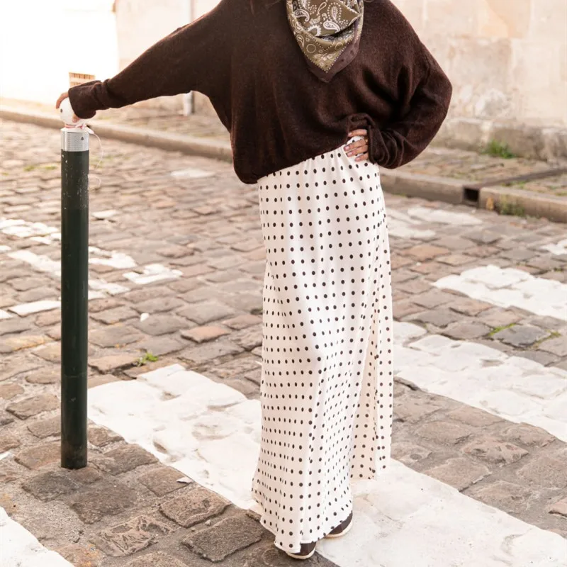Women Polka Dot Maxi Skirt Elegant Bodycon A Line Flare Long Skirts Cute Dots Print Flowy Maxi Satin Skirt Vintage Streetwear 4